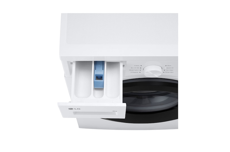 Image of two children playing with colorful blocks near a washer. Text read: 'Child Lock': Child Lock prevents little ones from accidentally altering settings.