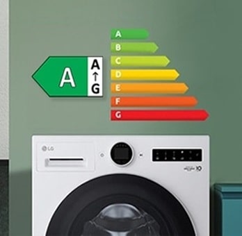 LG washing machine with energy efficiency rating A, saving 40% energy, below coloured efficiency chart.
