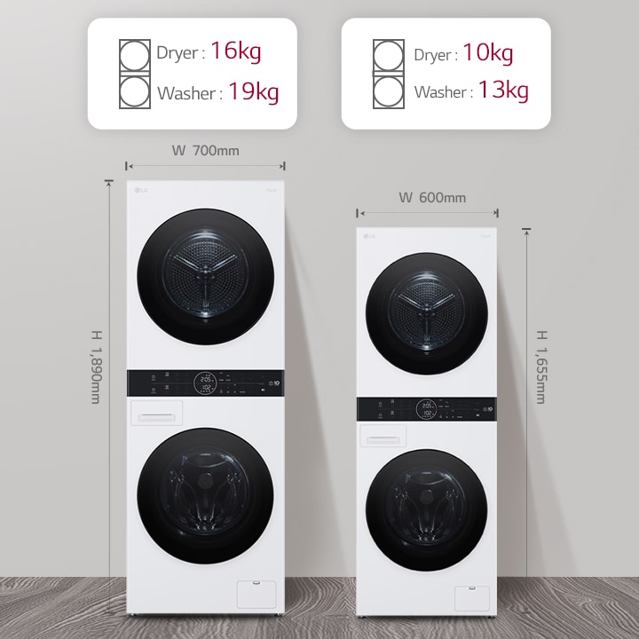 'Wash tower front No. 1 product can be dried 1.6 kg Washing 1.9 kg, No. 2 product can be dried 1.0 kg Washing 1.3 kg