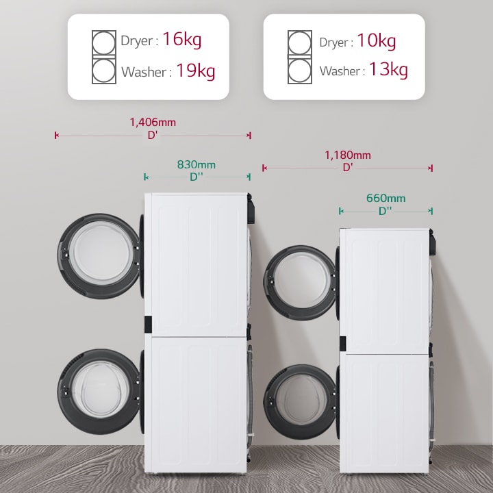 'Wash tower front No. 1 product can be dried 1.6 kg Washing 1.9 kg, No. 2 product can be dried 1.0 kg Washing 1.3 kg