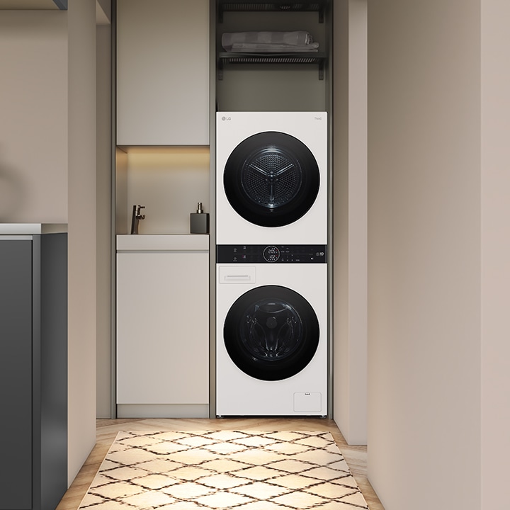 Wash tower installed in high-end interior laundry room	
