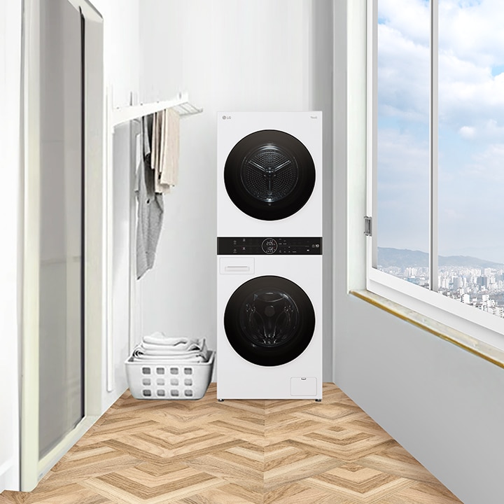 Wash tower installed in veranda laundry room	