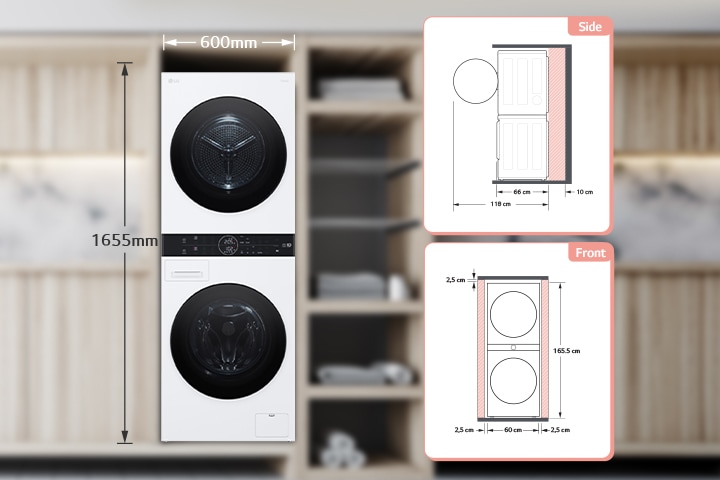 LG stacked washer dryer in modern kitchen, 1655mm high, 600mm wide, side and front dimensions shown.
