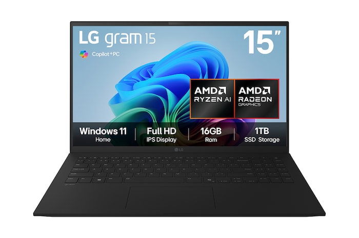 Front view of 15” LG gram, Copilot+ PC, AMD AI Processor, 16GB RAM, 1TB NVMe SSD, gram Hybrid AI, Black - 15Z80T-G