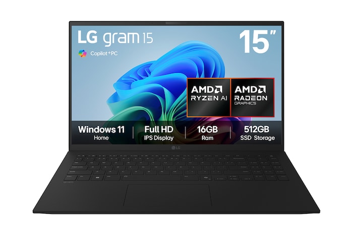 Front view of 15” LG gram, Copilot+ PC, AMD AI Processor, 16GB RAM, 1TB NVMe SSD, gram Hybrid AI, Black - 15Z80T-G