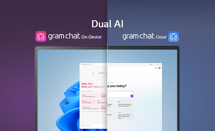 A split-screen image showcasing 'Dual AI' with two distinct modes: 'On-Device AI' on the left, represented by a pink icon, and 'Cloud AI' on the right, represented by a blue icon. The screen displays an AI interface, symbolising seamless AI functionality across both modes.	