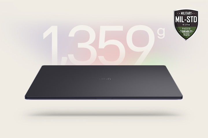 An animation showcasing a lightweight laptop with '1,369g' displayed in the first frame and '14.4mm' thickness in the second frame. Both frames include the MIL-STD durability badge, emphasising portability and durability.