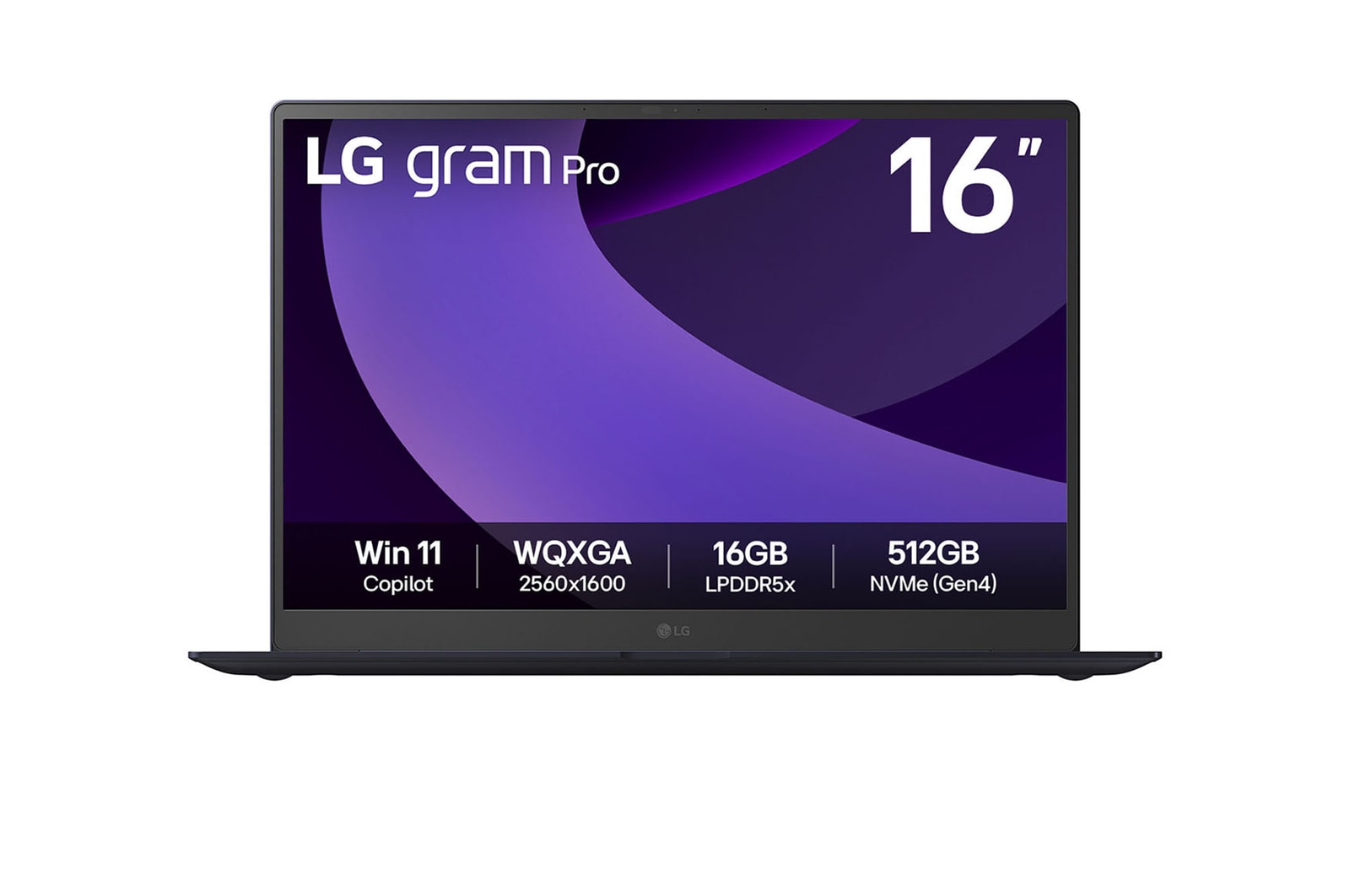 Front view of 16" LG gram Pro Laptop, 32GB RAM, Ultra 7 Processor, VRR, 31~144Hz, 1TB NVME Gen4, NVIDIA RTX5050, Obsidian Black 