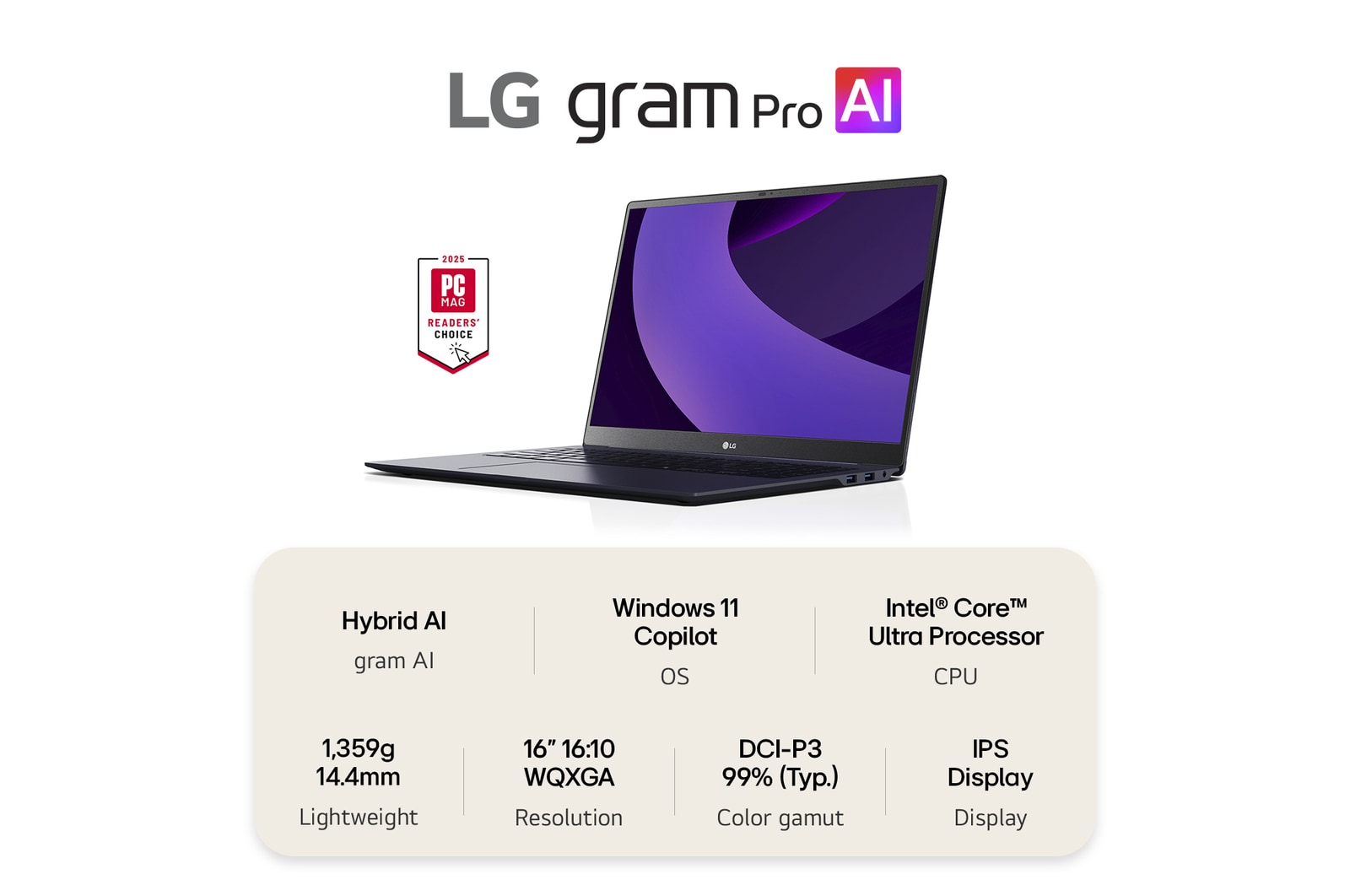 Front view of 16" LG gram Pro Laptop, 32GB RAM, Ultra 7 Processor, VRR, 31~144Hz, 1TB NVME Gen4, NVIDIA RTX5050, Obsidian Black 