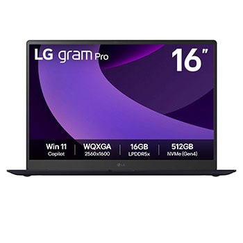 Front view of 16" LG gram Pro Laptop, 32GB RAM, Ultra 7 Processor, VRR, 31~144Hz, 1TB NVME Gen4, NVIDIA RTX5050, Obsidian Black 