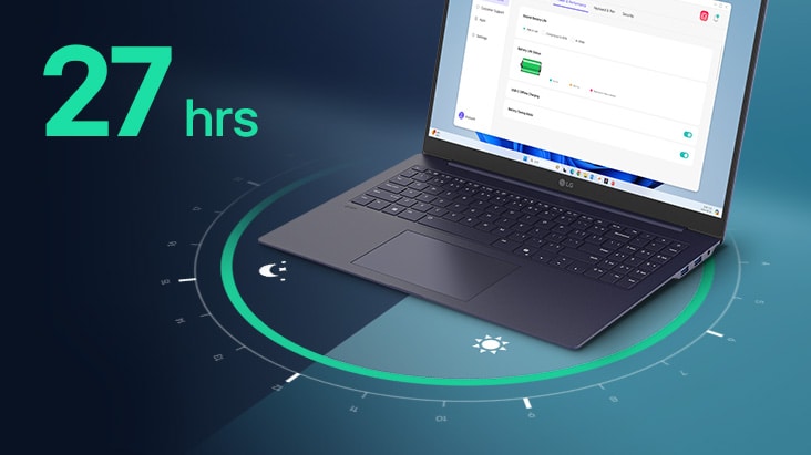 A laptop displaying a battery usage interface on its screen, surrounded by a circular visual representation of time. The text '27 hrs' is prominently featured, highlighting extended battery life.