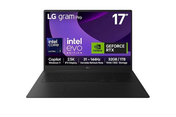 Front view of 17" LG gram Pro Laptop, 32GB RAM, Ultra 7 Processor, 1TB NVME Gen4, NVIDIA RTX5050, Obsidian Black - 17T90TP-E