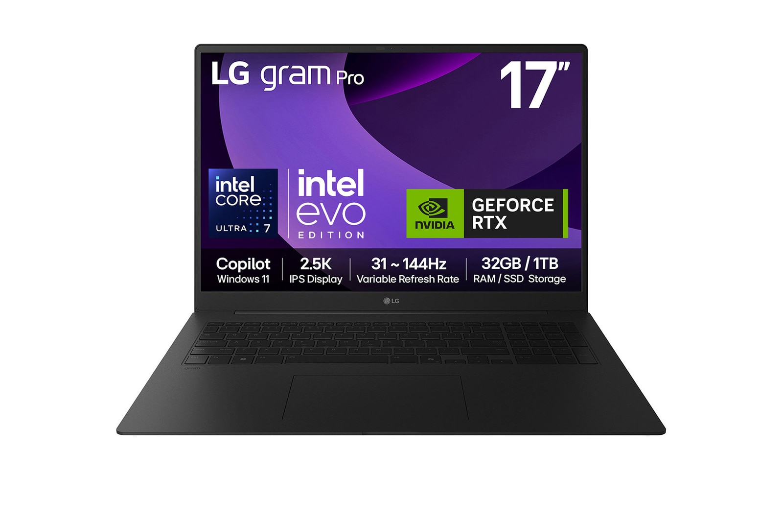 Front view of 17" LG gram Pro Laptop, 32GB RAM, Ultra 7 Processor, 1TB NVME Gen4, NVIDIA RTX5050, Obsidian Black  - 17T90TP-E