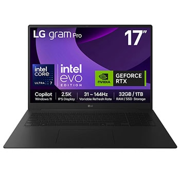 Front view of 17" LG gram Pro Laptop, 32GB RAM, Ultra 7 Processor, 1TB NVME Gen4, NVIDIA RTX5050, Obsidian Black  - 17T90TP-E