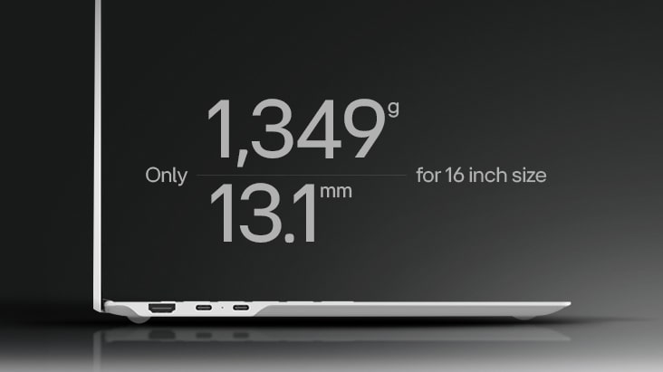 This image shows a close-up side view of the gram pro 16 inch laptop, highlighting only 1,349 grams in weight and 13.1 mm in thickness for the 16 inch size.	