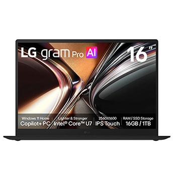 Front view of 16” LG gram Pro Laptop, Copilot+ PC, Windows 11 Home, Touch Screen, intel® Core™ U7, Black 16Z90U-H.AU88AN