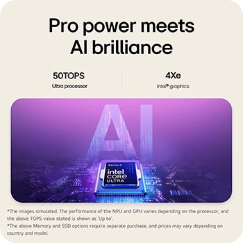 The image features an Intel® Core™ Ultra processor set against a blue-to-purple gradient background, with large semi-transparent “AI” text layered behind the chipset.