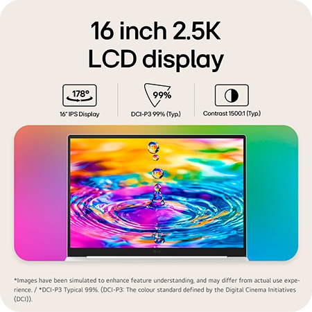 This image shows the front view of the LG gram laptop display with a vivid, colorful liquid splash visual on the screen, set against a gradient background. Above the display, icons highlight key specifications including a 17 inch IPS display with 178° wide viewing angles, DCI-P3 99% (Typ.) color gamut, and 1500:1 (Typ.) contrast ratio. A VESA DisplayHDR True Black 1000 certification badge appears on the right, emphasizing high contrast and rich color performance.