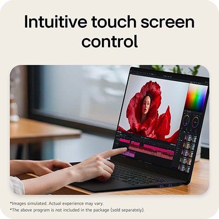 This image shows the LG gram Pro laptop being used for creative editing with touch input, displaying a color grading interface and timeline on the screen.