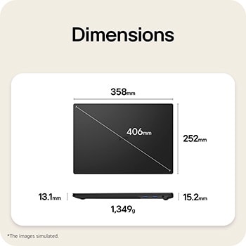 This image shows a dimensions diagram of the LG gram laptop, indicating the top view width and height, a diagonal size, and the side view showing thickness and weight.