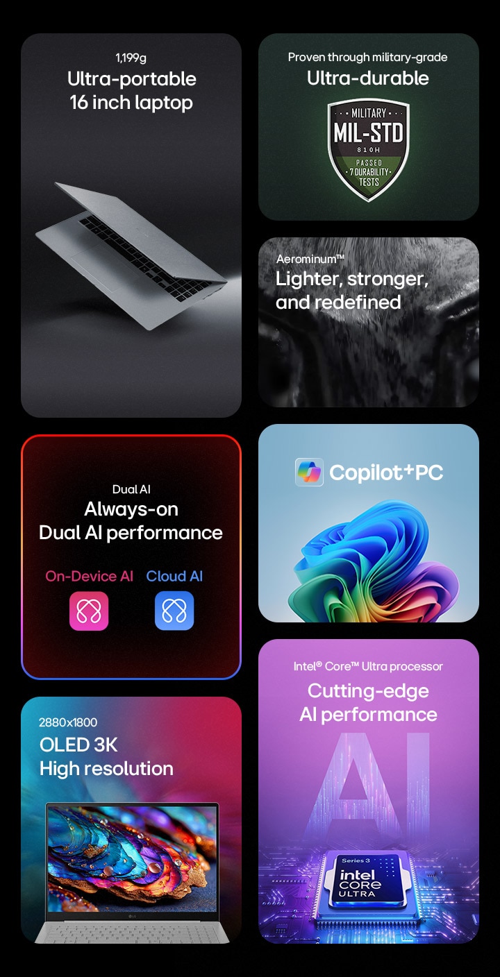 gram Pro AI laptop (16Z90U) with an ultra-portable Aerominum design, Dual AI, Copilot+ PC, OLED 3K, and Intel AI processor.