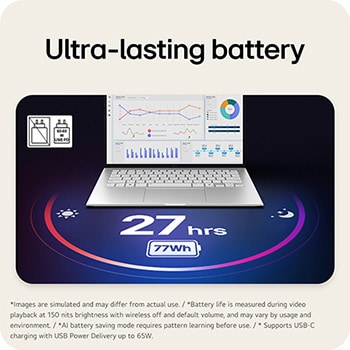 'An LG gram Pro laptop displayed from the front, shown above a circular battery graphic indicating long battery performance. The image highlights up to 27 hours of usage with a 77 Wh battery, represented through visual icons and a dashboard-style screen on the display.