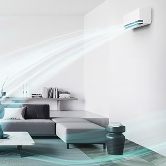 A wall-mounted air conditioner operating in a living room, gently circulating airflow.