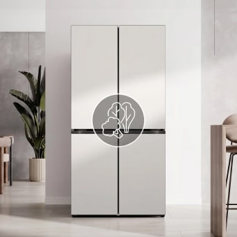 A white four-door refrigerator in a modern kitchen, overlaid with a gray circular icon of leafy vegetables.
