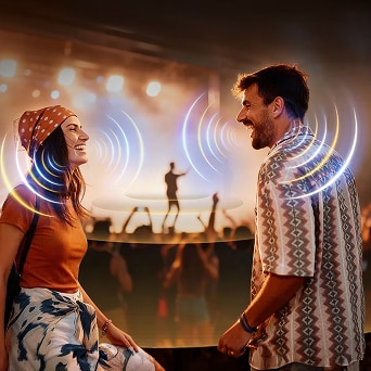 Immersive sound wave graphics radiating from a man and woman talking in a concert setting.