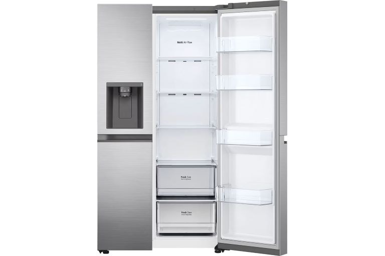 Open stainless steel side-by-side refrigerator with right door revealing transparent shelves, bins, and drawers labelled "Fresh Zone." Left side has an in-door water and ice dispenser. Clean and well-organised interior.