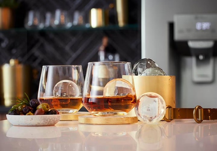 Ice balls in homemade cocktails.