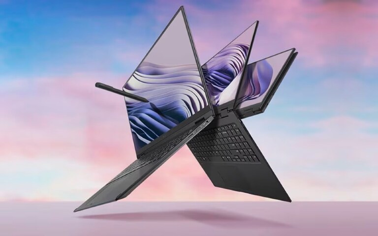 LG gram Pro 2in1 laptop is shown in various positions, highlighting its flexibility and touchscreen capabilities, against a colourful sky background.