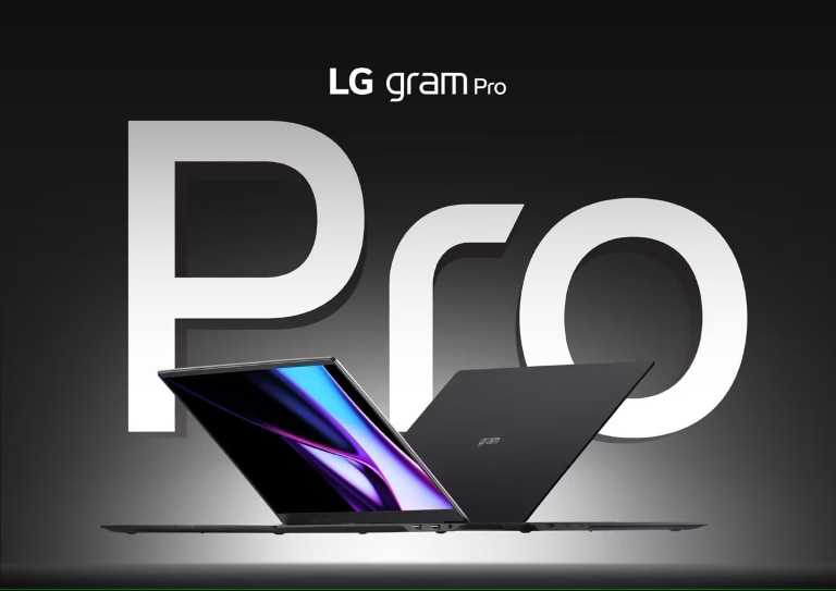 A sleek LG Gram Pro laptop is displayed against a backdrop with the text "Pro" in large letters. The laptop is partially open, showing its thin design and vibrant screen.
