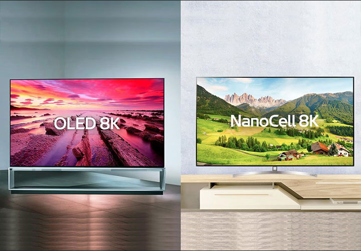 Side-by-side comparison of an OLED 8K TV and NanoCell 8K TV.
