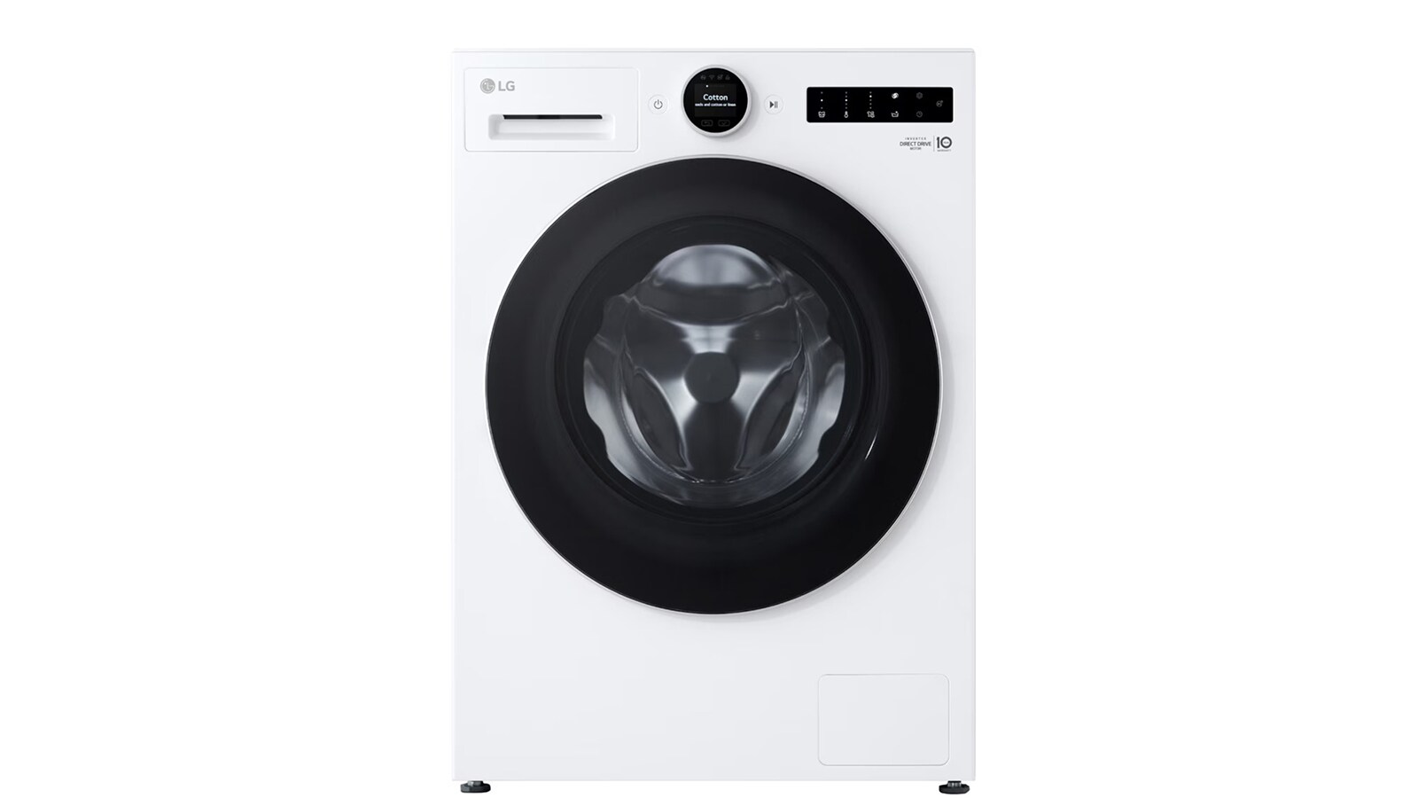 The front view image of white LG washing machine.