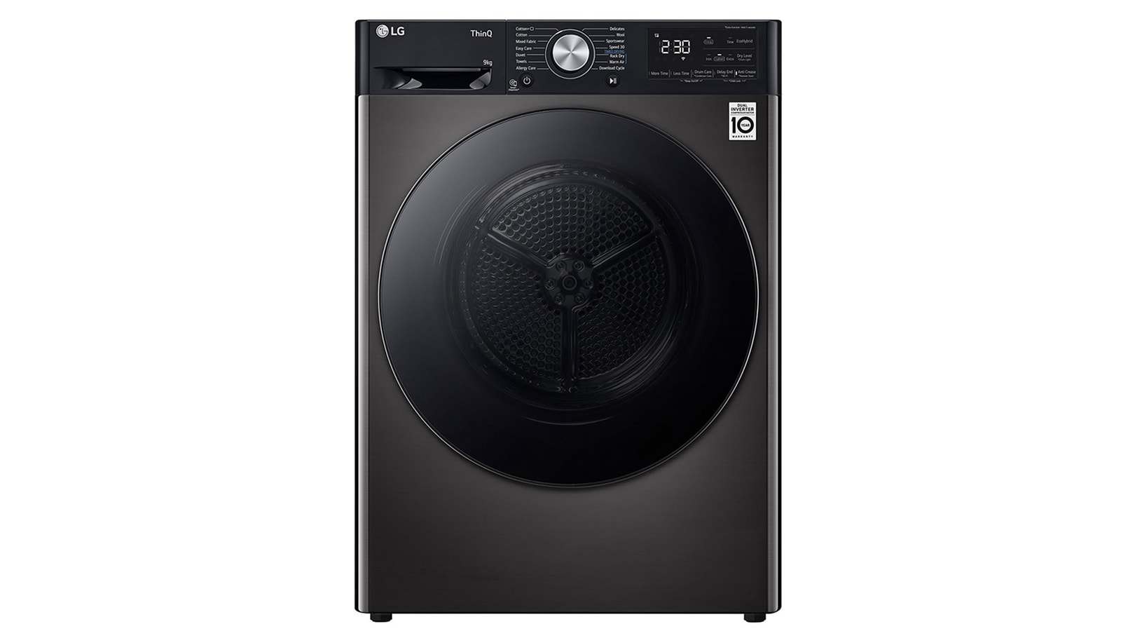 Image of front view of black lg dual inverter heatpump dryer.