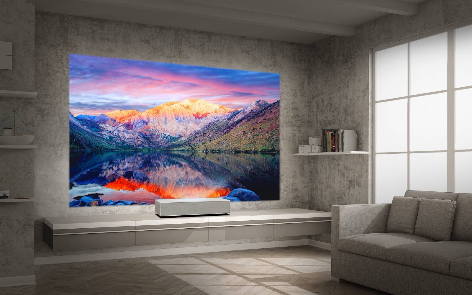 modern living room with a high-resolution projector displaying a vivid sunset over a mountain range, projected onto a large wall, with minimalistic furniture and ambient natural light.