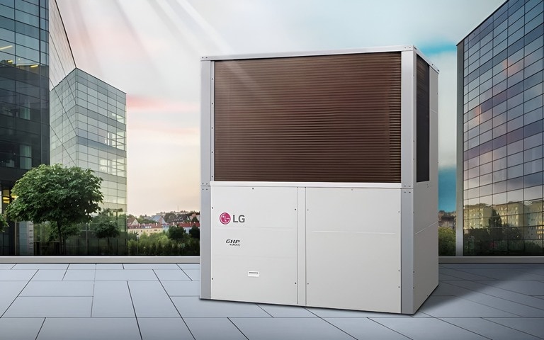 An LG industrial outdoor HVAC unit placed on a modern building rooftop, with surrounding glass buildings and a scenic urban background