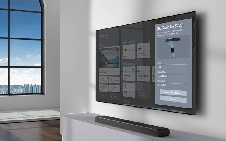 A wall-mounted LG TV displaying the settings menu for an LG soundbar, with the soundbar itself placed on a minimalist white console below the screen. The LG TV interface highlights options for sound settings and device connections, emphasising the integrated setup for home entertainment.