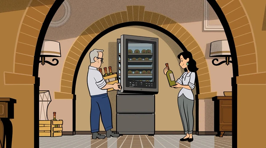 Animated image with LG Wine Cellar being filled by 2 people