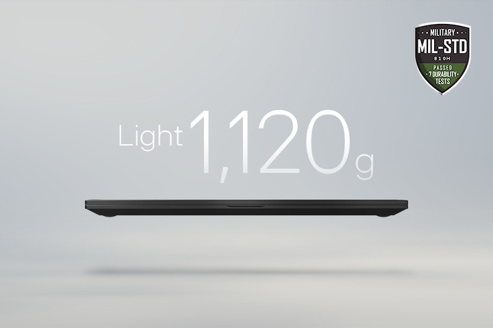 An animation showcasing a lightweight laptop with '1,120g' displayed in the first frame and '15.7mm' thickness in the second frame. Both frames include the MIL-STD durability badge, emphasizing portability and durability.