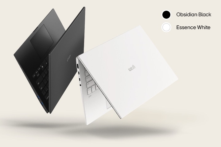 Two laptops in different colors: Obsidian Black and Essence White, displayed in a dynamic arrangement against a beige background.