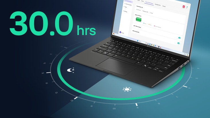 A laptop displaying a battery usage interface on its screen, surrounded by a circular visual representation of time. The text '30.0hrs' is prominently featured, highlighting extended battery life.	