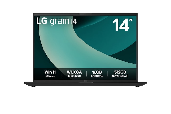 Front view of 14" LG gram Laptop, 16GB RAM, Intel® Core™ Ultra Processor, gram Hybrid AI, Copiliot, Obsidian Black with green swirl background on screen