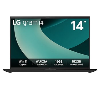 Front view of 14" LG gram Laptop, 16GB RAM, Intel® Core™ Ultra Processor, gram Hybrid AI, Copiliot, Obsidian Black with green swirl background on screen