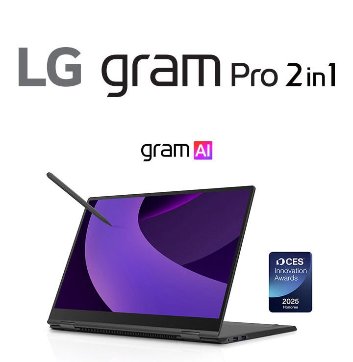 This image showcases a convertible laptop with a 360-degree rotating display, positioned in stand mode. The screen features a smooth gradient display, and a digital stylus pen is hovering above it, indicating pen input support on the touchscreen. The laptop displays the 'gram AI' logo on the device, and the CES Innovation Awards 2025 Honoree logo is visible on the bottom right corner.