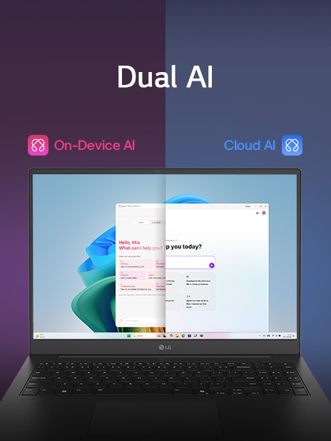 A split-screen image showcasing 'Dual AI' with two distinct modes: 'On-Device AI' on the left, represented by a pink icon, and 'Cloud AI' on the right, represented by a blue icon. The screen displays an AI interface, symbolizing seamless AI functionality across both modes.
