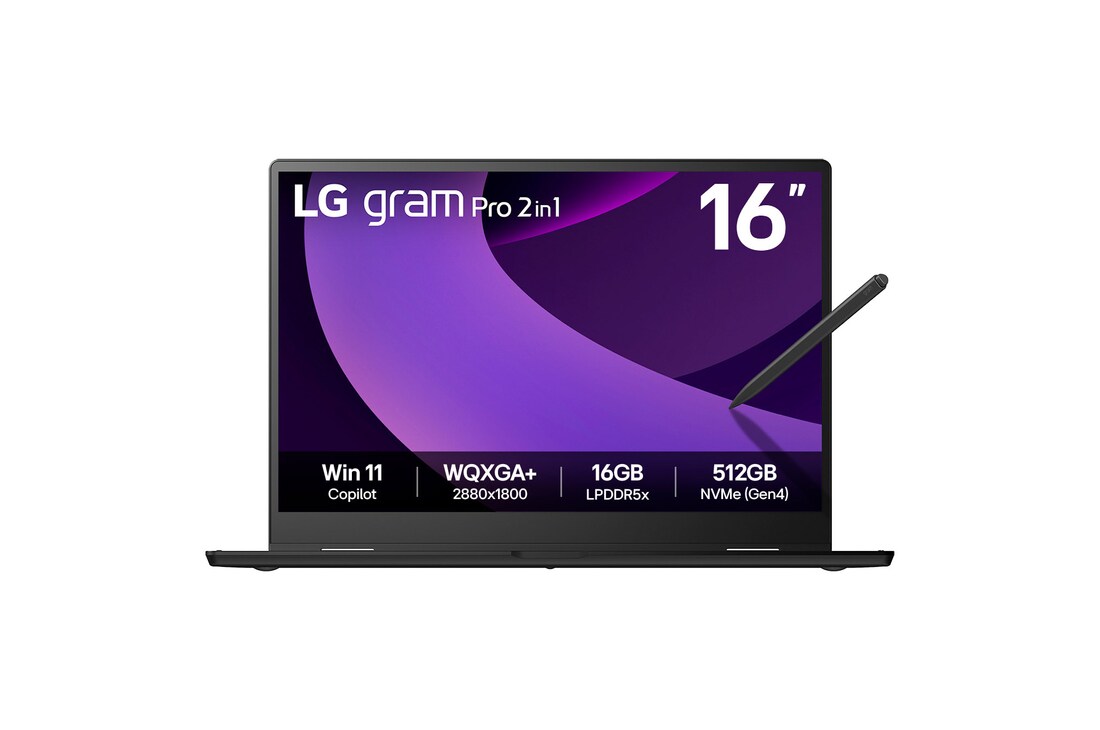 Front view of 16" LG gram Pro 2in1 Laptop, 32GB RAM, Intel® Core™ Ultra Processor, gram Hybrid AI, Obsidian Black with stylus pen