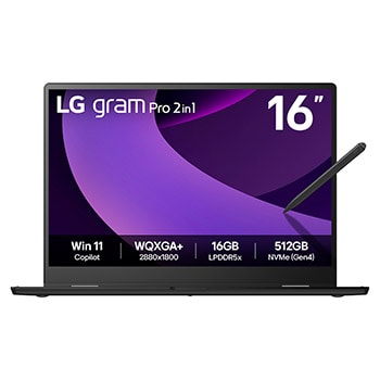 Front view of 16" LG gram Pro 2in1 Laptop, 32GB RAM, Intel® Core™ Ultra Processor, gram Hybrid AI, Obsidian Black with stylus pen