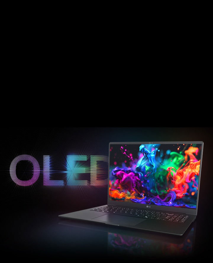 A laptop with a vibrant OLED screen displaying colourful abstract visuals, accompanied by a glowing OLED text logo in the background.	